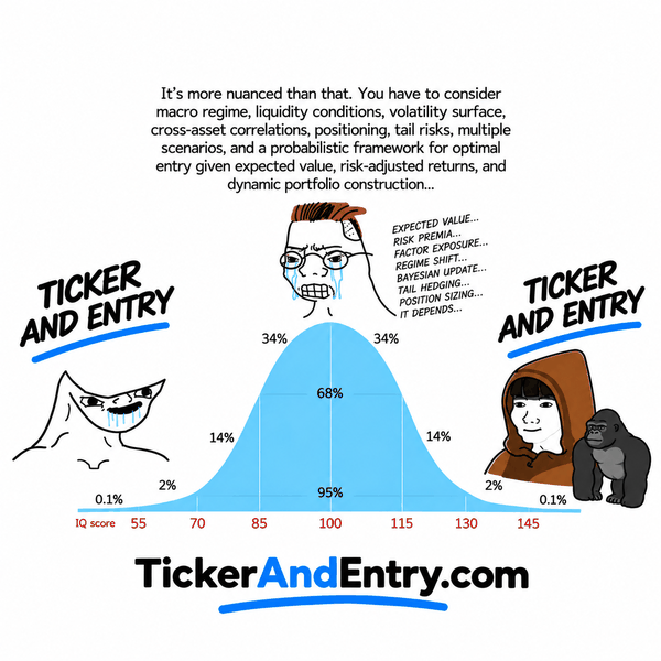 The IQ bell curve: both ends say Ticker and Entry, the middle says it is more nuanced than that.